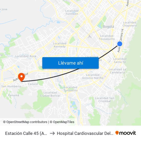 Estación Calle 45 (Ac 45 - Av. Caracas) to Hospital Cardiovascular Del Niño De Cundinamarca map