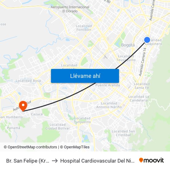 Br. San Felipe (Kr 20a - Cl 74) to Hospital Cardiovascular Del Niño De Cundinamarca map