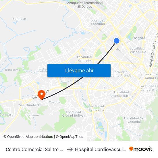 Centro Comercial Salitre Plaza (Av. La Esperanza - Kr 68b) to Hospital Cardiovascular Del Niño De Cundinamarca map