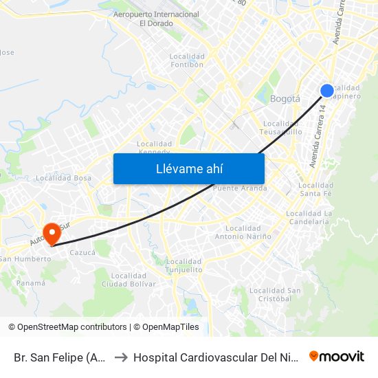 Br. San Felipe (Ac 72 - Kr 17) to Hospital Cardiovascular Del Niño De Cundinamarca map