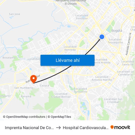 Imprenta Nacional De Colombia (Av. Esperanza - Kr 66) to Hospital Cardiovascular Del Niño De Cundinamarca map