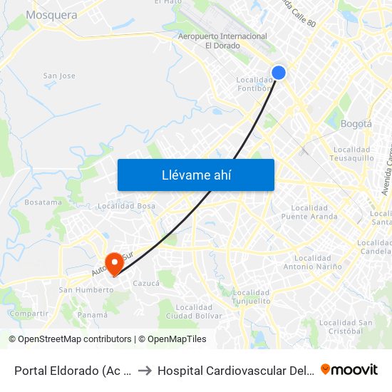 Portal Eldorado (Ac 26 - Av. C. De Cali) to Hospital Cardiovascular Del Niño De Cundinamarca map