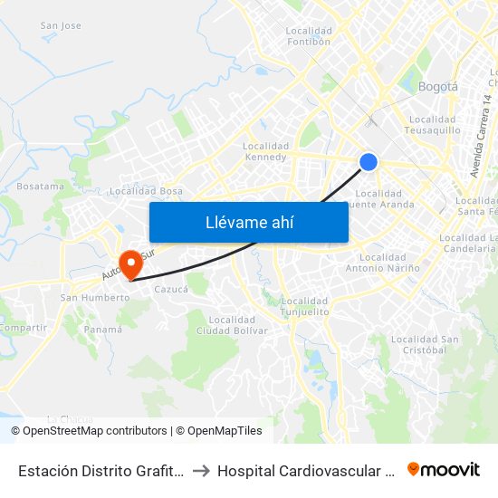 Estación Distrito Grafiti (Av. Américas - Kr 53a) to Hospital Cardiovascular Del Niño De Cundinamarca map