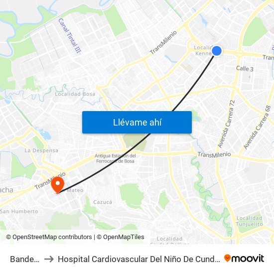 Banderas to Hospital Cardiovascular Del Niño De Cundinamarca map