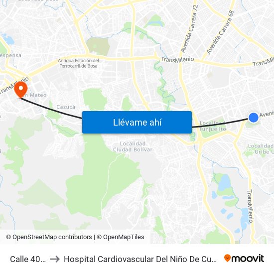 Calle 40 Sur to Hospital Cardiovascular Del Niño De Cundinamarca map