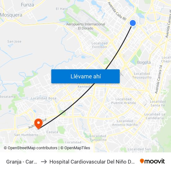 Granja - Carrera 77 to Hospital Cardiovascular Del Niño De Cundinamarca map