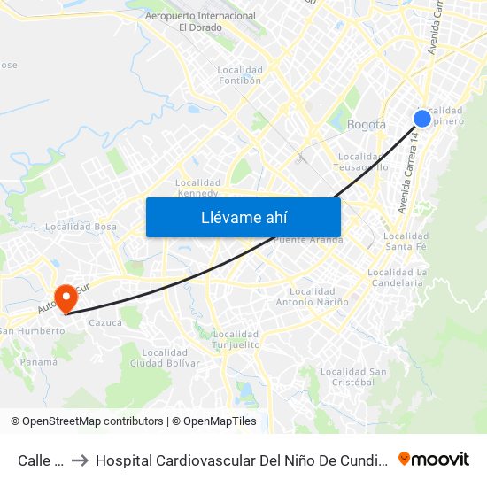 Calle 72 to Hospital Cardiovascular Del Niño De Cundinamarca map