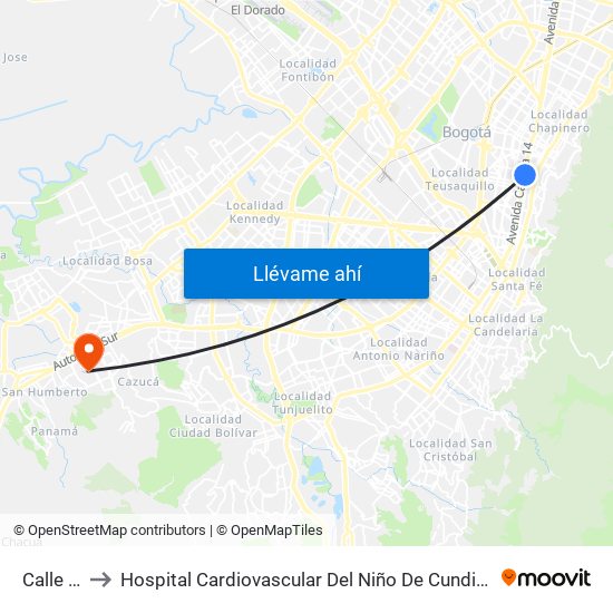 Calle 57 to Hospital Cardiovascular Del Niño De Cundinamarca map