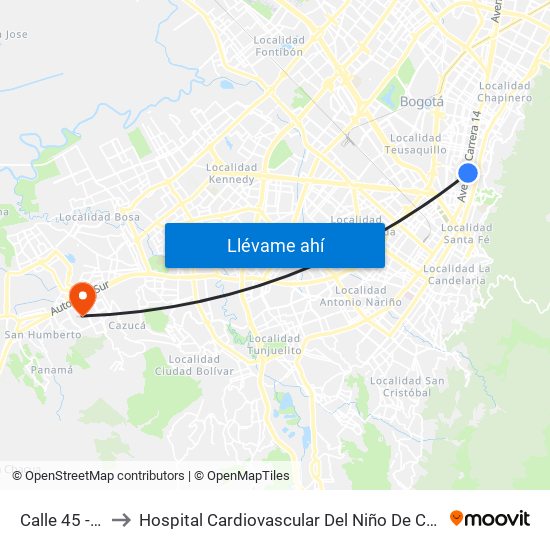 Calle 45 - Asw to Hospital Cardiovascular Del Niño De Cundinamarca map