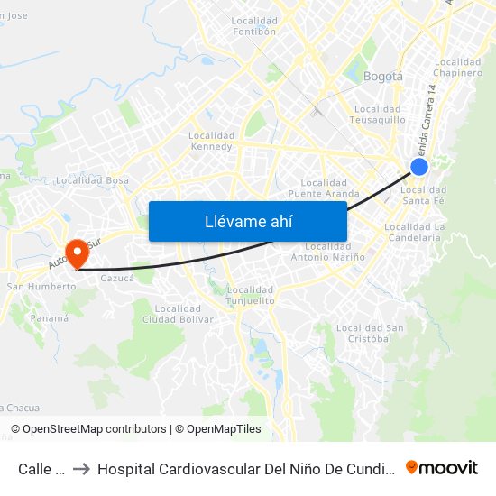 Calle 34 to Hospital Cardiovascular Del Niño De Cundinamarca map