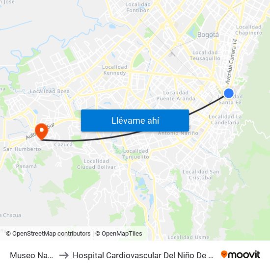 Museo Nacional to Hospital Cardiovascular Del Niño De Cundinamarca map