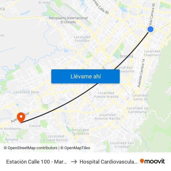 Estación Calle 100 - Marketmedios (Auto Norte - Cl 98) to Hospital Cardiovascular Del Niño De Cundinamarca map