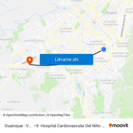 Guatoque - Veraguas to Hospital Cardiovascular Del Niño De Cundinamarca map