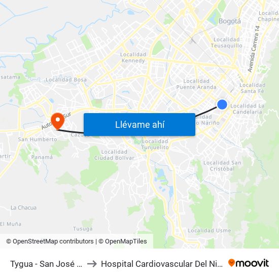 Tygua - San José (Lado Norte) to Hospital Cardiovascular Del Niño De Cundinamarca map