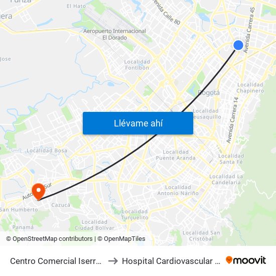 Centro Comercial Iserra 100 (Ac 100 - Kr 54) (B) to Hospital Cardiovascular Del Niño De Cundinamarca map