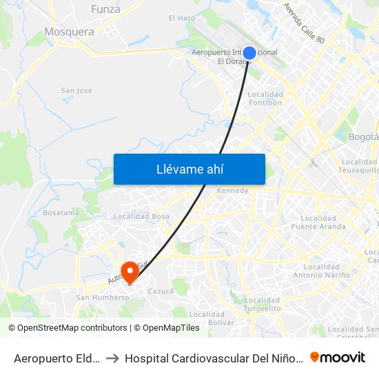 Aeropuerto Eldorado (B) to Hospital Cardiovascular Del Niño De Cundinamarca map