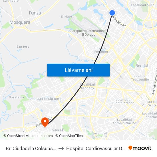 Br. Ciudadela Colsubsidio (Ac 80 - Kr 112a) to Hospital Cardiovascular Del Niño De Cundinamarca map