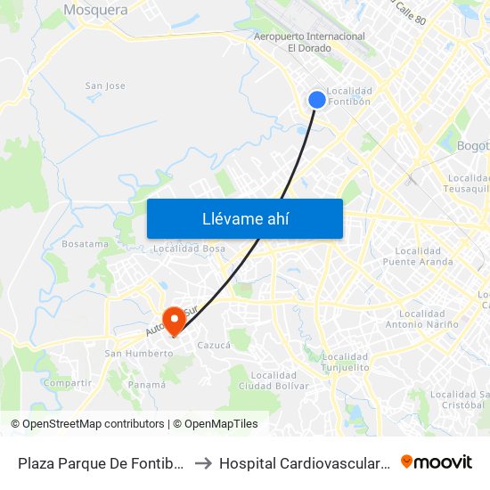 Plaza Parque De Fontibón Kr 100 (Kr 100 - Cl 17a) to Hospital Cardiovascular Del Niño De Cundinamarca map