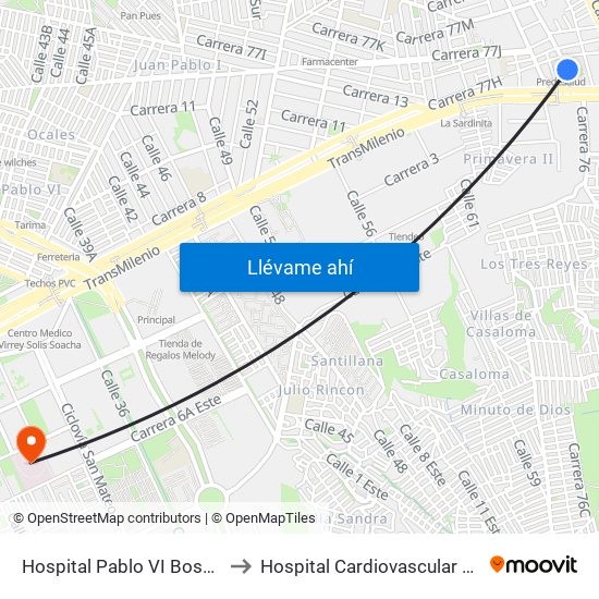 Hospital Pablo VI Bosa (Cl 63 Sur - Kr 77g) (A) to Hospital Cardiovascular Del Niño De Cundinamarca map