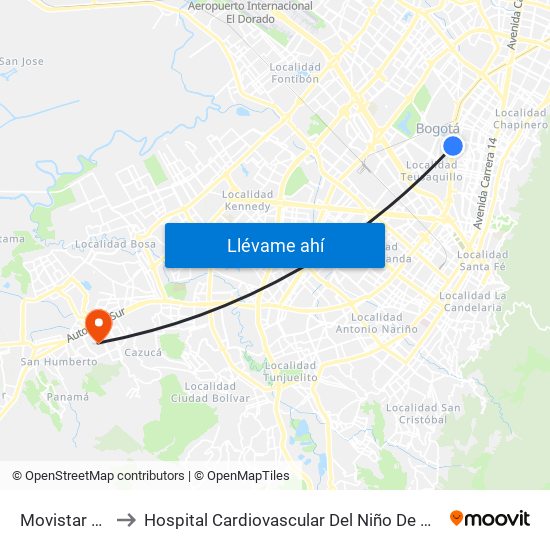 Movistar Arena to Hospital Cardiovascular Del Niño De Cundinamarca map