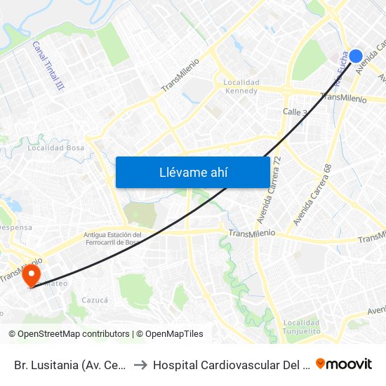 Br. Lusitania (Av. Centenario - Kr 68b) to Hospital Cardiovascular Del Niño De Cundinamarca map