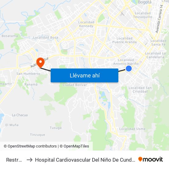 Restrepo to Hospital Cardiovascular Del Niño De Cundinamarca map