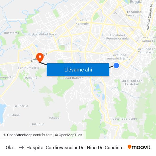 Olaya to Hospital Cardiovascular Del Niño De Cundinamarca map