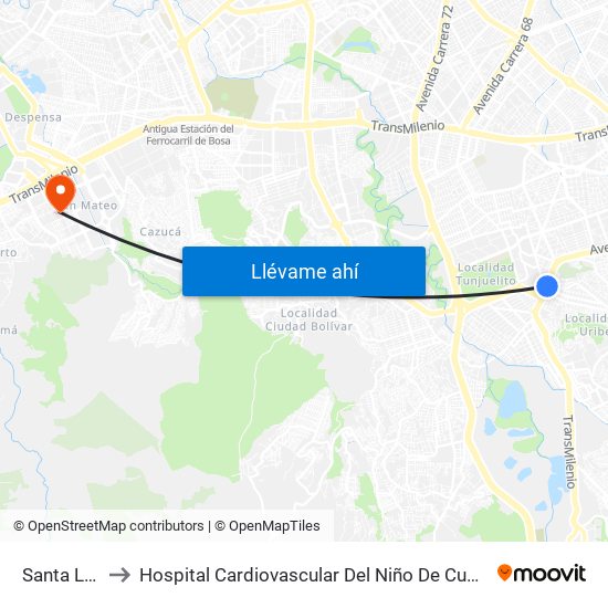 Santa Lucía to Hospital Cardiovascular Del Niño De Cundinamarca map