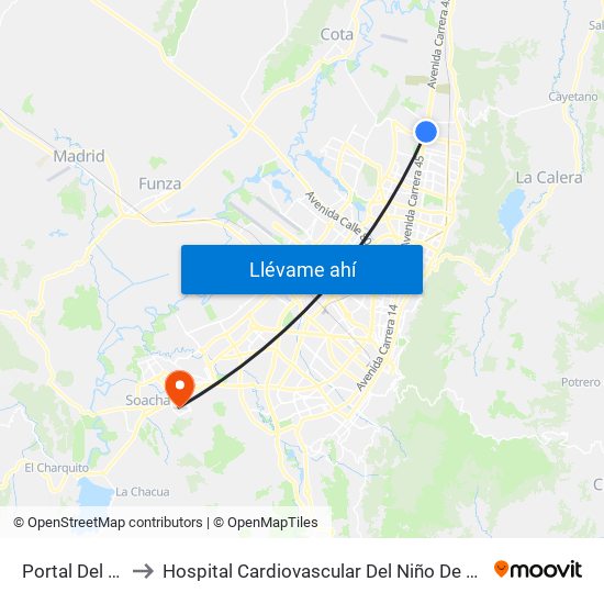 Portal Del Norte to Hospital Cardiovascular Del Niño De Cundinamarca map