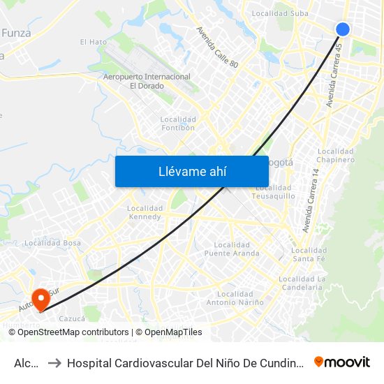 Alcalá to Hospital Cardiovascular Del Niño De Cundinamarca map