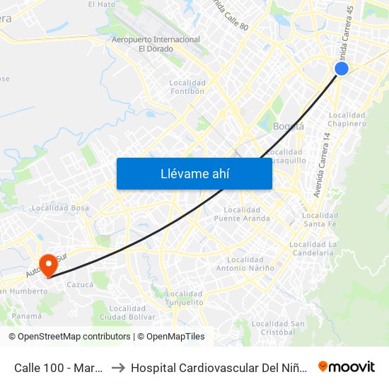 Calle 100 - Marketmedios to Hospital Cardiovascular Del Niño De Cundinamarca map
