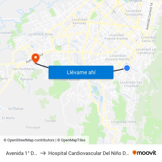 Avenida 1° De Mayo to Hospital Cardiovascular Del Niño De Cundinamarca map