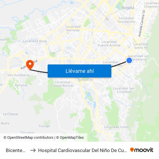 Bicentenario to Hospital Cardiovascular Del Niño De Cundinamarca map