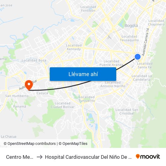 Centro Memoria to Hospital Cardiovascular Del Niño De Cundinamarca map