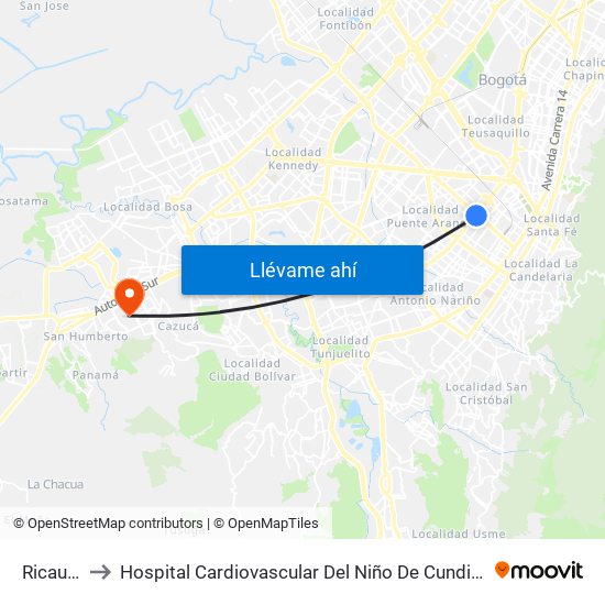 Ricaurte to Hospital Cardiovascular Del Niño De Cundinamarca map