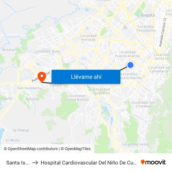 Santa Isabel to Hospital Cardiovascular Del Niño De Cundinamarca map