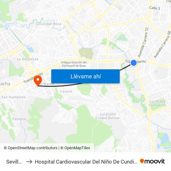 Sevillana to Hospital Cardiovascular Del Niño De Cundinamarca map