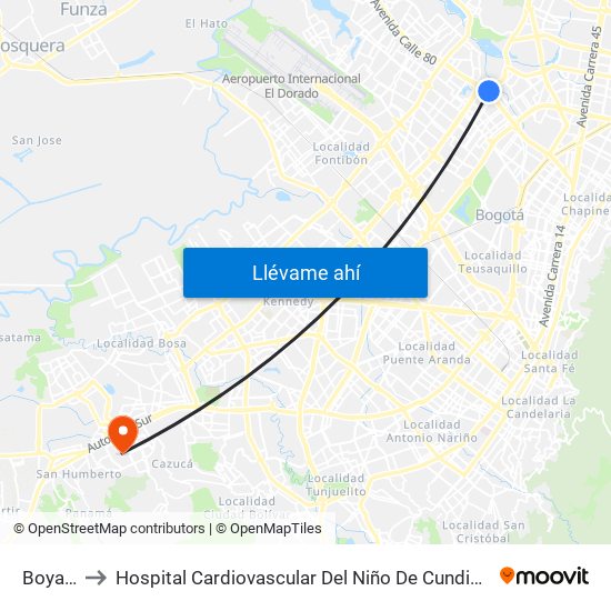 Boyacá to Hospital Cardiovascular Del Niño De Cundinamarca map