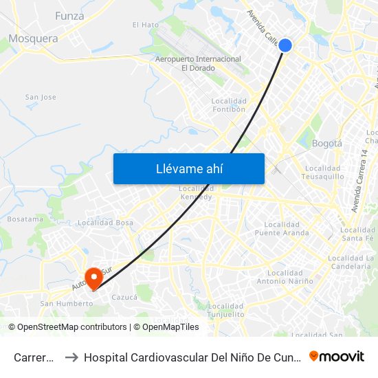 Carrera 90 to Hospital Cardiovascular Del Niño De Cundinamarca map