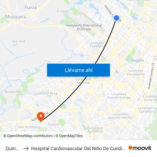 Quirigua to Hospital Cardiovascular Del Niño De Cundinamarca map