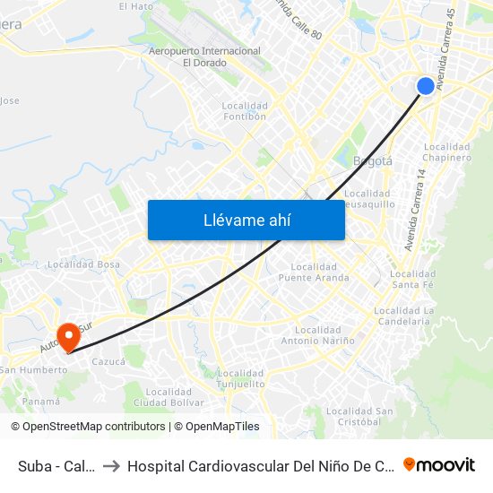 Suba - Calle 95 to Hospital Cardiovascular Del Niño De Cundinamarca map