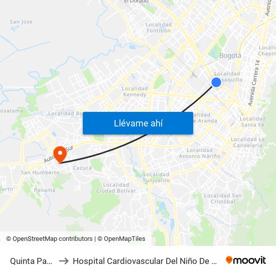 Quinta Paredes to Hospital Cardiovascular Del Niño De Cundinamarca map