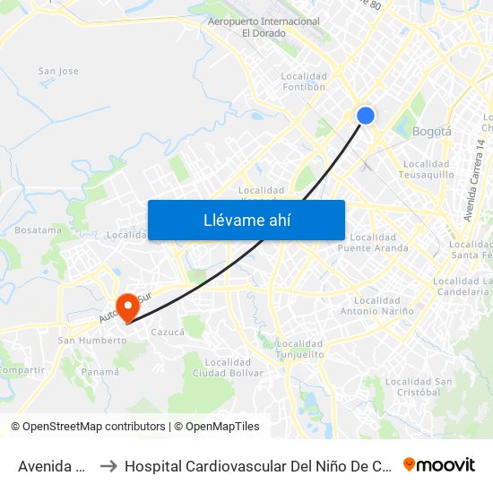 Avenida Rojas to Hospital Cardiovascular Del Niño De Cundinamarca map