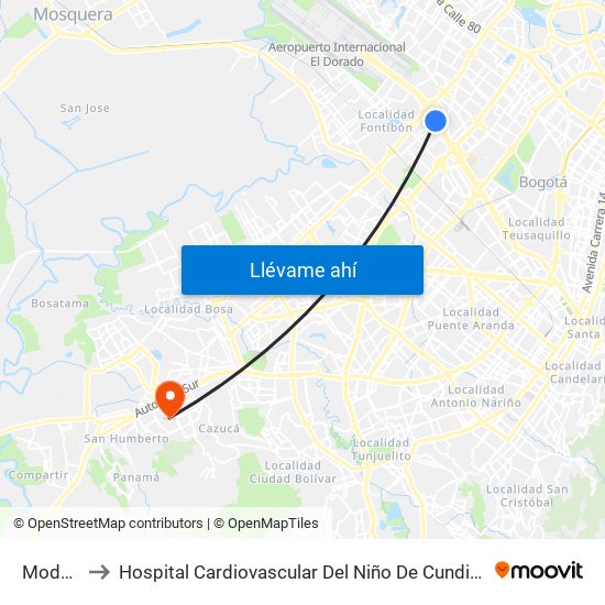 Modelia to Hospital Cardiovascular Del Niño De Cundinamarca map