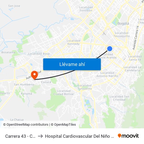 Carrera 43 - Comapan to Hospital Cardiovascular Del Niño De Cundinamarca map