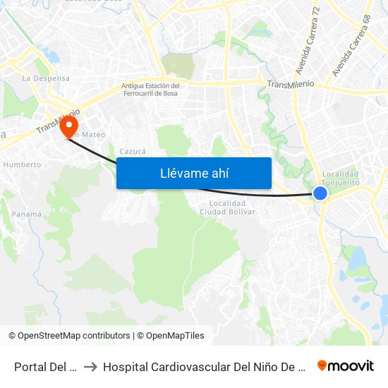 Portal Del Tunal to Hospital Cardiovascular Del Niño De Cundinamarca map