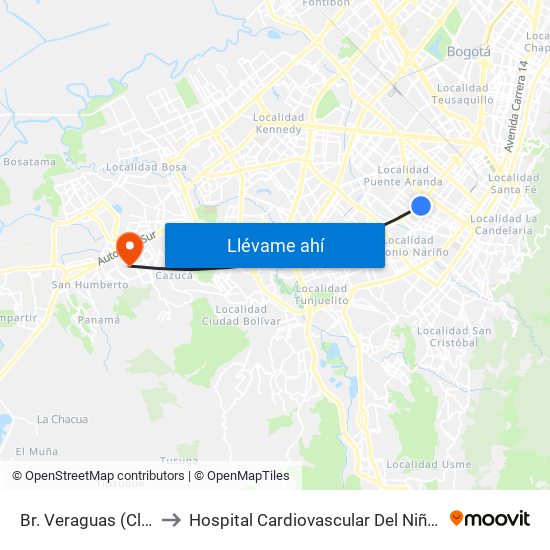 Br. Veraguas (Cl 3 - Kr 29a) to Hospital Cardiovascular Del Niño De Cundinamarca map