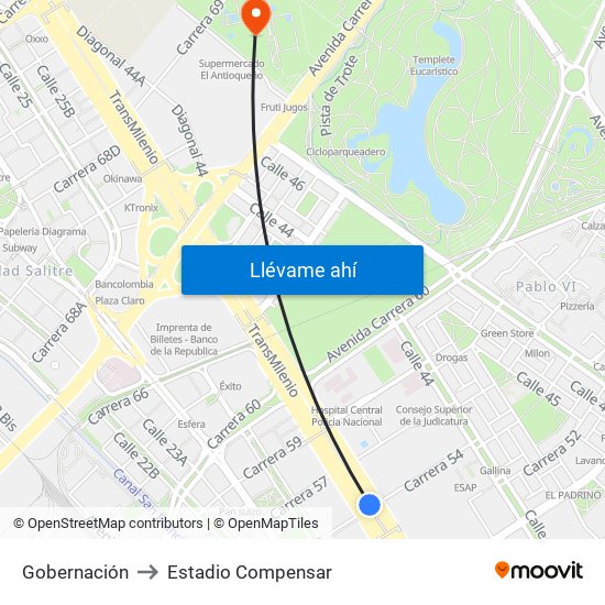 Gobernación to Estadio Compensar map