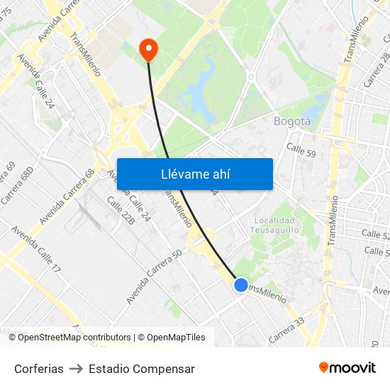 Corferias to Estadio Compensar map