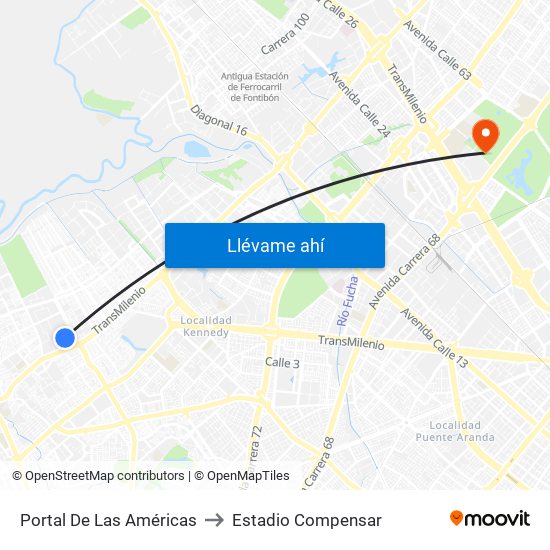 Portal De Las Américas to Estadio Compensar map